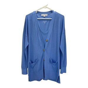 LOFT Size L Blue Cardigan Sweater /Tank 2pc Set V Neck Long Sleeve Knit, Pockets